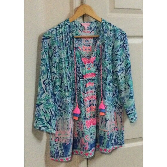 Lilly Pulitzer Hot Pink Blue Boho Top With Tassels XS - Picture 2 of 7